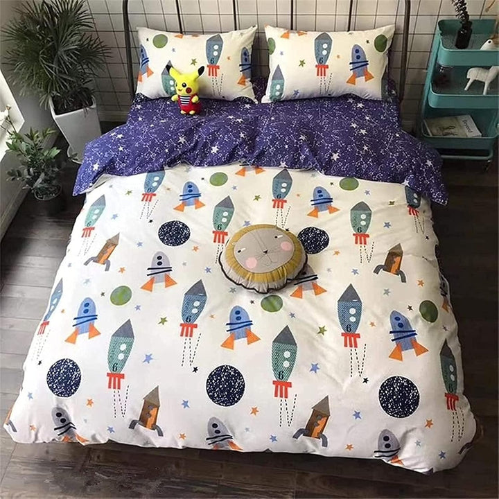 Qucover Bettwäsche Kinder 135X200Cm Baumwolle Kinderbettwäsche Jungen Bettbezug Mit Reißverschluss Wendedesign Weiß Blau Rakete Sterne Planeten Muster Mit Kissenbezug 80X80Cm