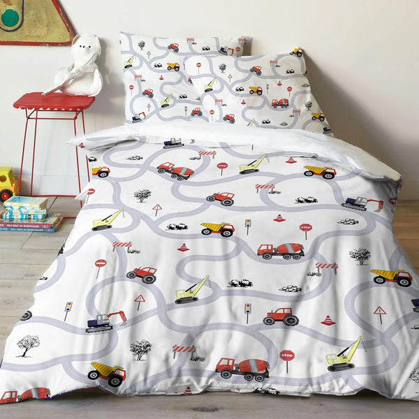 Autos Kinderbettwäsche 135X200 Jungen Traktor Mikrofaser Bettwäsche Mit Verkehrsschildern Und Straßen Für Jungen Teenager Bagger Bettwäsche 135X200Cm Mit Reißverschluss+1Kopfkissenbezug 80X80Cm