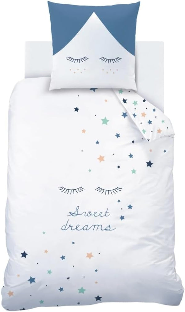 Sterne Mädchen-Bettwäsche Set · Kinderbettwäsche Sweet Dreams · Wende Motiv Wimpern · 2 Teilig - Kissenbezug 80X80 + Bettbezug 135X200 Cm