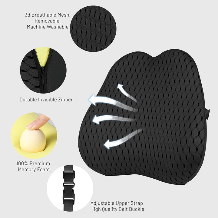 Livtribe Back Cushion, Memory Foam Lumbar Cushion Car, Ergonomic Lumbar Support Cushion pentru scaun de birou, scaun auto, scaun cu rotile (negru)