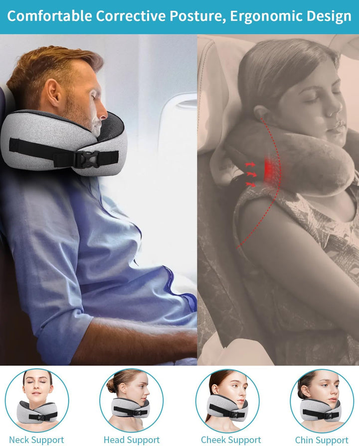 Aeroplane Neck Pillow, pernă de călătorie cu spumă de memorie, pernă pentru gât pentru adulți, pernă de avion reglabilă și lavabilă, pernă de călătorie ergonomică (gri)