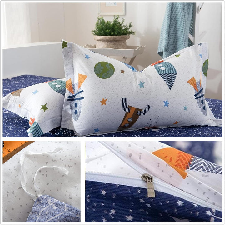 Qucover Bettwäsche Kinder 135X200Cm Baumwolle Kinderbettwäsche Jungen Bettbezug Mit Reißverschluss Wendedesign Weiß Blau Rakete Sterne Planeten Muster Mit Kissenbezug 80X80Cm