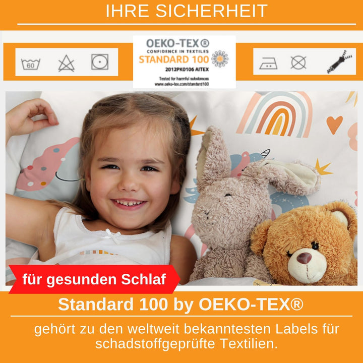 Aminata Kids Kinderbettwäsche 100X135 Mädchen Einhorn Rosa Baumwolle Mit YKK Reißverschluss Kinder-Wende-Bettwäsche-Set Tier-Motiv Einhörner Pferde-Motiv Mit Regenbogen Unicorn
