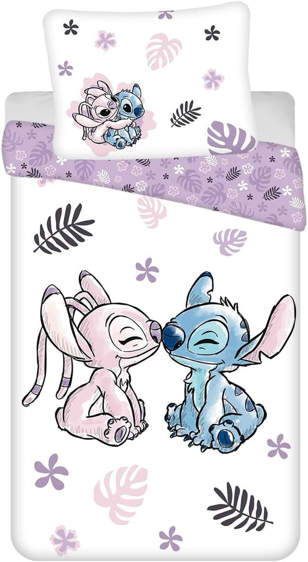 Bettwäsche Disney Stitch, Wendbar, 100 % Baumwolle, Bettbezug 140 X 200 Cm + Kissenbezug 65 X 65 Cm, Weiß