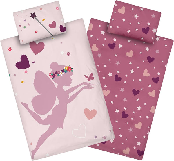 Aminata Kids Bettwäsche Feen Elfen 100X135 Cm Fee-Motiv Mädchen Baumwolle Fee Wende-Kinder-Bettwäsche-Set Prinzessin Herz-En YKK Reißverschluss Rosa - Kinderbettwäsche Fairy Einhorn Pferd