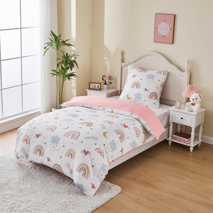 Bettwäsche Regenbogen 135X200 Rosa Kinder Bunte Mikrofaser Bettwäsche Mit Regenbogen, Wolken, Sternen, Monden, Herzen Für Mädchen Einzelbettbezug Set Bettbezug 135X200 Und Kopfkissenbezug 80X80