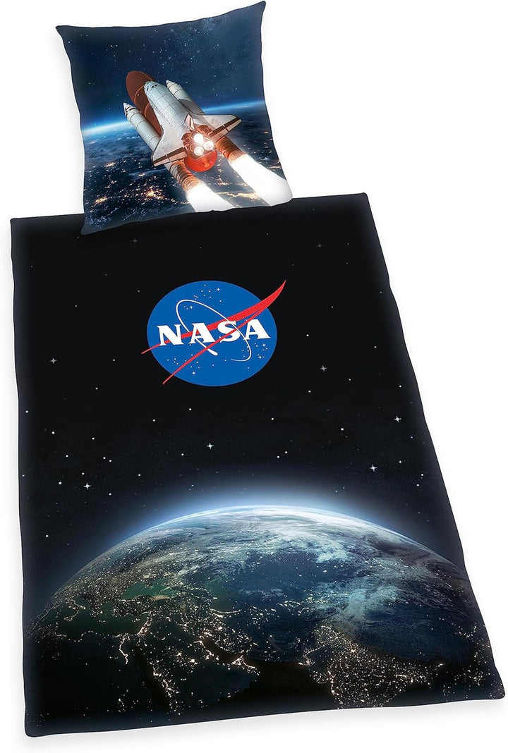 Herding NASA Bettwäsche-Set, Kopfkissenbezug 70 X 90 Cm, Bettbezug 140 X 200 Cm, Mit Leichtläufigem Reißverschluss, 100% Baumwolle/Renforcé, Grau/Weiß