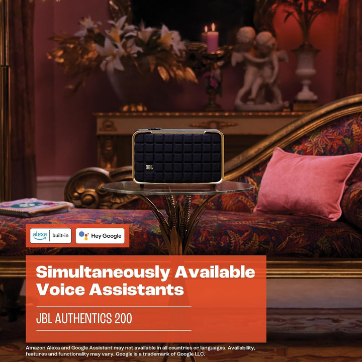 JBL Authentics 200 Smart Home Speaker - Difuzor Bluetooth cu design retro din anii '70 - Cu grilă Quadrex, Google Assistant, Alexa, Airplay și JBL One App - Negru