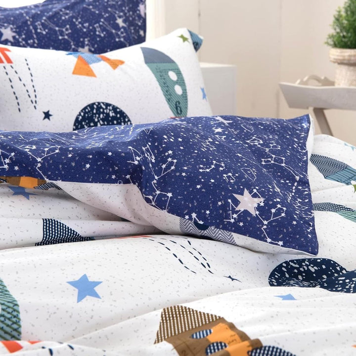 Qucover Bettwäsche Kinder 135X200Cm Baumwolle Kinderbettwäsche Jungen Bettbezug Mit Reißverschluss Wendedesign Weiß Blau Rakete Sterne Planeten Muster Mit Kissenbezug 80X80Cm