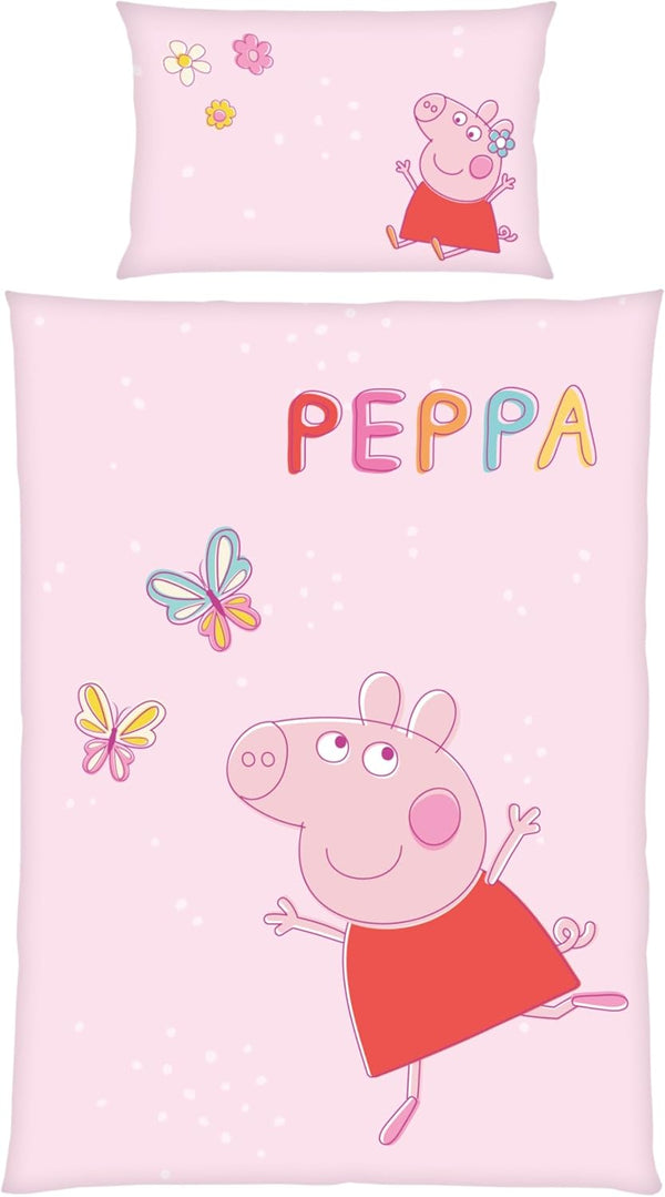 Peppa Wutz Kinder-Bettwäsche-Set | 100X135 Cm Deckenbezug + 40X60 Cm Kissenbezug | Atmungsaktive Baumwolle | Mit Reißverschluss | Peppa Pig Schmetterling in Rosa | Geschenkidee Mädchen