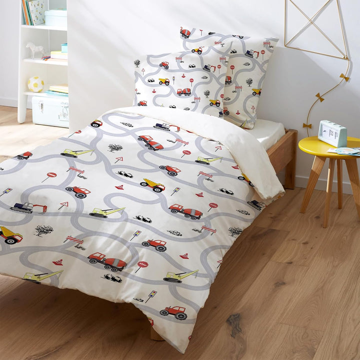Autos Kinderbettwäsche 135X200 Jungen Traktor Mikrofaser Bettwäsche Mit Verkehrsschildern Und Straßen Für Jungen Teenager Bagger Bettwäsche 135X200Cm Mit Reißverschluss+1Kopfkissenbezug 80X80Cm