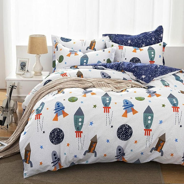 Qucover Bettwäsche Kinder 135X200Cm Baumwolle Kinderbettwäsche Jungen Bettbezug Mit Reißverschluss Wendedesign Weiß Blau Rakete Sterne Planeten Muster Mit Kissenbezug 80X80Cm