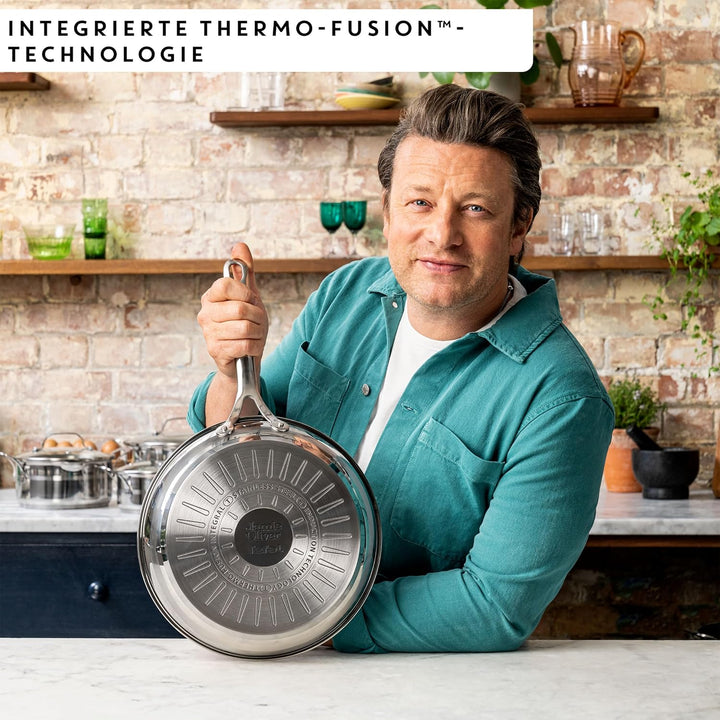 Jamie Oliver by Tefal Cook Smart Bratpfanne 28Cm, Unbeschichteter Edelstahl, Induktionsgeeignet, Thermo-Fusion Boden, Recycelbar, Genieteter Griff, Edelstahl, E3110655