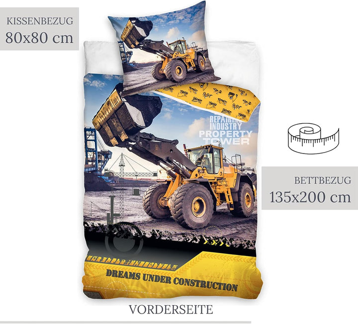 Bagger Bettwäsche Bettbezug 135X200 80X80 Baumwolle · Kinder-Bettwäsche Baustelle Für Mädchen Und Jungen · 2 Teilig · 1 Kissenbezug 80X80 + 1 Bettbezug 135X200 Cm Jungenbettwäsche