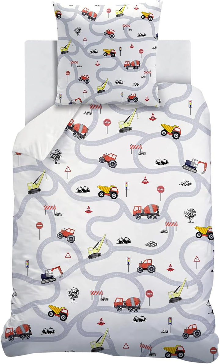 Autos Kinderbettwäsche 135X200 Jungen Traktor Mikrofaser Bettwäsche Mit Verkehrsschildern Und Straßen Für Jungen Teenager Bagger Bettwäsche 135X200Cm Mit Reißverschluss+1Kopfkissenbezug 80X80Cm