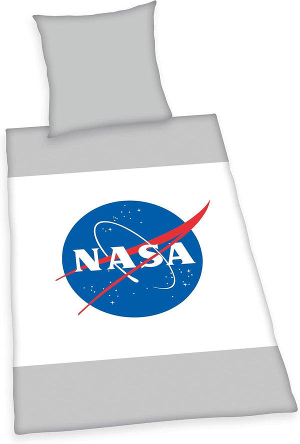 Herding NASA Bettwäsche-Set, Kopfkissenbezug 70 X 90 Cm, Bettbezug 140 X 200 Cm, Mit Leichtläufigem Reißverschluss, 100% Baumwolle/Renforcé, Grau/Weiß