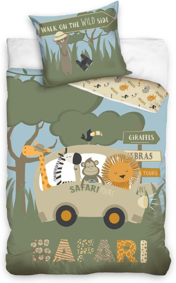 Kinder Bettwäsche Set Grün 135X200 80X80 Cm · Safari Tiere, Erdmännchen, Löwe, Zebra · 100% Baumwolle Mit YKK Reißverschluss · Sanft, Weich Für Mädchen