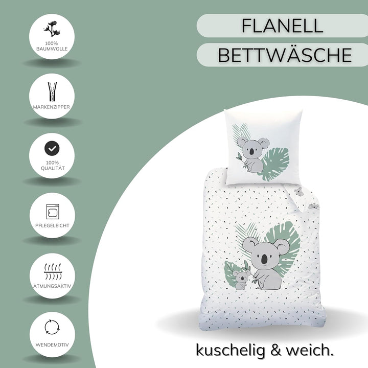 Koala Bettwäsche 135X200 Flanell, Biber, Kinderbettwäsche Mia & Max, Winterbettwäsche Für Mädchen Und Jungen, 1X Kissenbezug 80X80 + Bettbezug 135X200, 100% Baumwolle Safari (Koala)