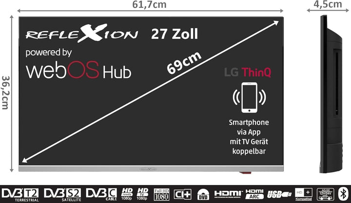 REFLEXION LDDX27IBT Smart LED Fernseher 27 Zoll / 69Cm, LG Weboshub, Wohnwagen/Wohnmobil/Camping/Caravan/Boot/Lkw TV, Slimline, 12/24/230 Volt, Full HD, Triple Tuner, Bluetooth, WLAN, Dvd-Player