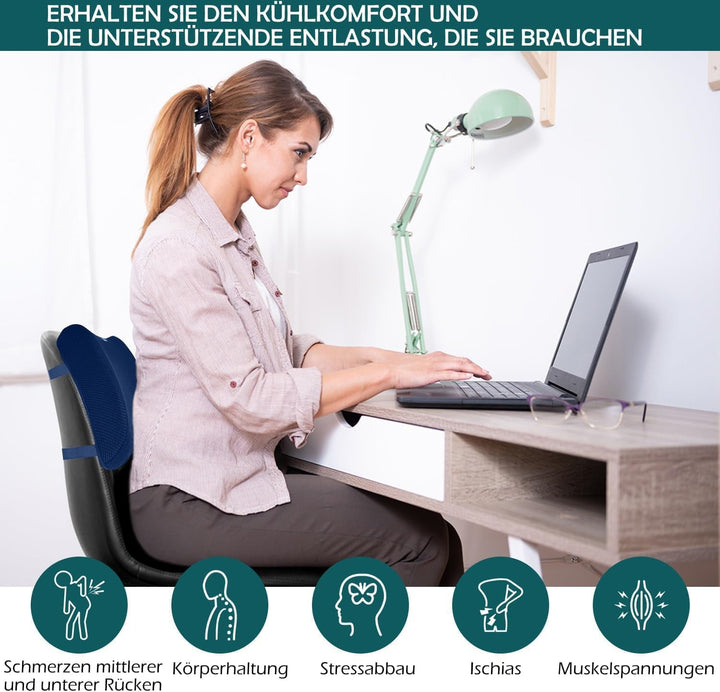 Perna spate ergonomică albastră ameliorează și previne durerile de spate - pernă lombară din spumă de memorie pentru birou, scaun cu rotile, acasă (albastru marin)