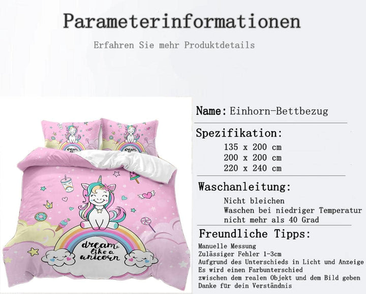 Rosa Einhorn Bettbezug,Schöner Regenbogen Weiße Wolke Einhorn Mädchen Kinder Bettwäsche 135×200Cm,Einhorn-Motiv Bettwäsche Mit 2 Kissenbezügen(135×200Cm,Rosa 1)