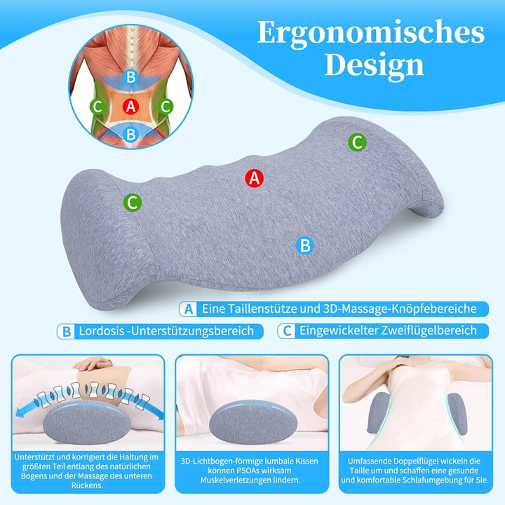 SAHEYER Pernă lombară Pernă lombară ortopedică din spumă cu memorie, pernă ergonomică pentru spate și suport lombar pentru pat, canapea, scaun, mașină și scaun de birou, gri