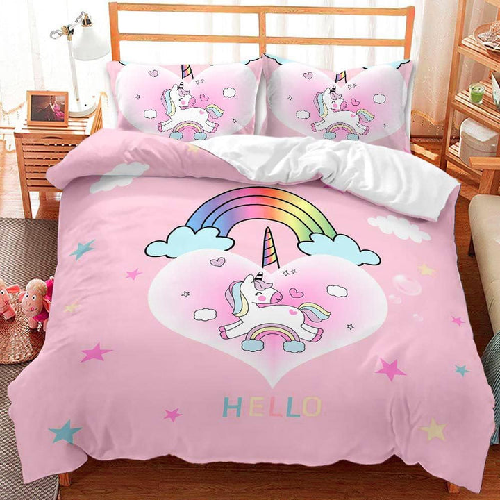 Rosa Einhorn Bettbezug,Schöner Regenbogen Weiße Wolke Einhorn Mädchen Kinder Bettwäsche 135×200Cm,Einhorn-Motiv Bettwäsche Mit 2 Kissenbezügen(135×200Cm,Rosa 1)