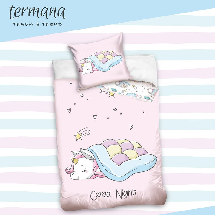 Termana Einhorn Bettwäsche 135X200 Kinderbettwäsche Mädchenbettwäsche in Rosa, Kissenbezug 80X80 + Bettbezug 135X200, Süße Teenager-Bettwäsche