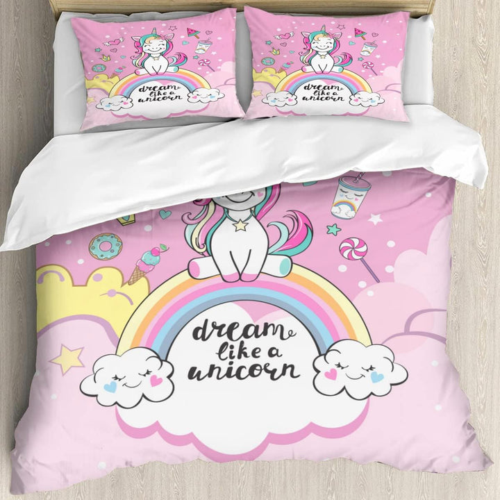 Rosa Einhorn Bettbezug,Schöner Regenbogen Weiße Wolke Einhorn Mädchen Kinder Bettwäsche 135×200Cm,Einhorn-Motiv Bettwäsche Mit 2 Kissenbezügen(135×200Cm,Rosa 1)