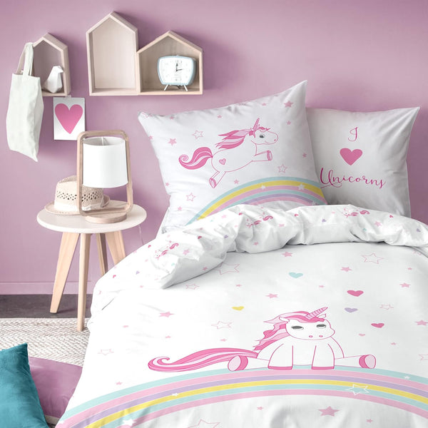 Einhorn Kinder Bettwäsche Set 2Tlg. 135X200 + 80X80 Cm, Biber, Flanell, Kuschelig Weich, Reißverschluss, Unicorn Regenbogen