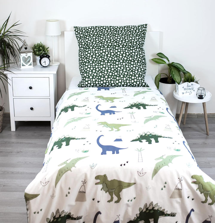 Theonoi Set 2 Teilig Kinder Bettwäsche Bettbezug Wendebettwäsche 135X200 80X80 Baumwolle Kinderbettwäsche Öko-Tex Deutsche Standardgröße (Dino Dinosaurier)