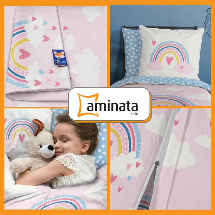 Aminata Kids Kinderbettwäsche 135X200 Cm Kinder Mädchen Baumwolle Regenbogen | Wende-Kinder-Bettwäsche-Set Wolke-N Herz-En | YKK Reißverschluss Rosa