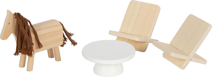 Casă de păpuși din lemn Small Foot, culori naturale - 3 etaje cu terasă pe acoperiș și set de mobilier din 51 de piese, încurajează jocul creativ, potrivită de la 3 ani, 12541