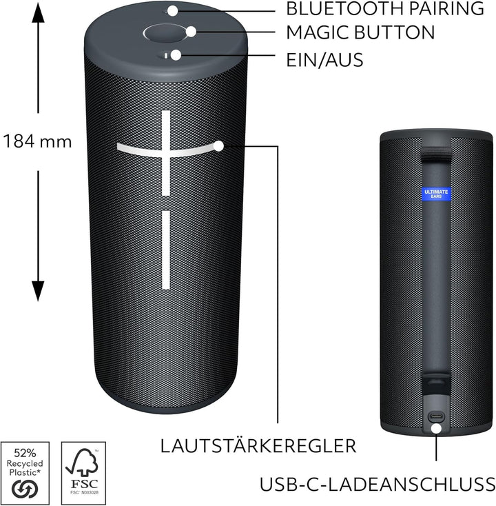 Ultimate Ears Boom 4 - Difuzor Bluetooth portabil, rezistent la apă, plutitor, cu sunet puternic, intens, clar la 360 de grade, baterie reîncărcabilă de 15 ore și rază de acțiune de 45 m - negru
