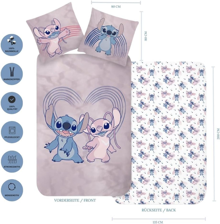 Stitch Bettwäsche Bettbezug 135X200 80X80 Biber Baumwolle · Kinderbettwäsche Teenagerbettwäsche Valentinstag Love Stitch & Lilo Biber Geschenk · 2 Teilig (Flanell)