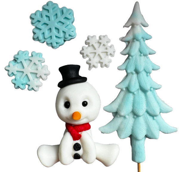 Set mit 5 essbaren Dekorationen aus Zuckerpaste, Schneemann, Schneeflocken und Weihnachtsbaum