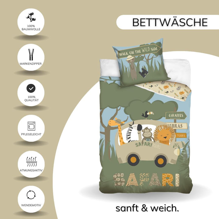 Kinder Bettwäsche Set Grün 135X200 80X80 Cm · Safari Tiere, Erdmännchen, Löwe, Zebra · 100% Baumwolle Mit YKK Reißverschluss · Sanft, Weich Für Mädchen
