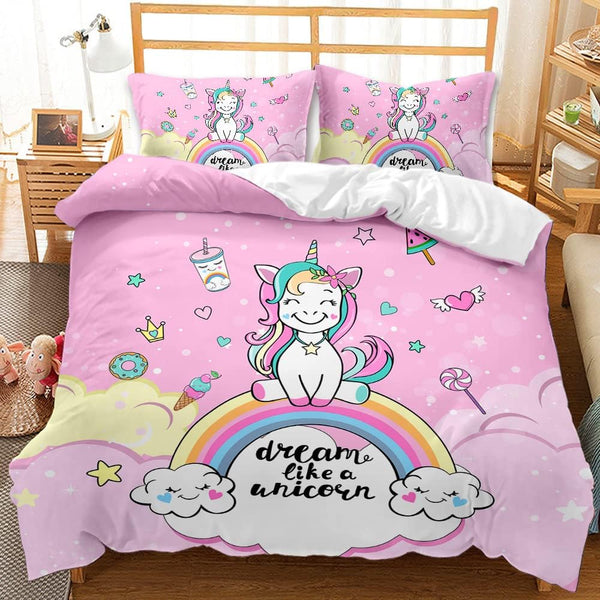 Rosa Einhorn Bettbezug,Schöner Regenbogen Weiße Wolke Einhorn Mädchen Kinder Bettwäsche 135×200Cm,Einhorn-Motiv Bettwäsche Mit 2 Kissenbezügen(135×200Cm,Rosa 1)