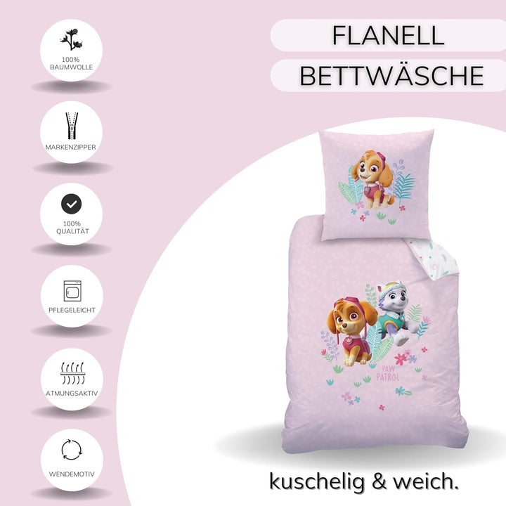 Bettwäsche 135X200 Flanell, Biber Paw Patrol Skye & Everest Kuschelig Weich Für Herbst & Winter, 1X Kissenbezug 80X80 + Bettbezug 135X200, 100% Baumwolle, Mädchenbettwäsche