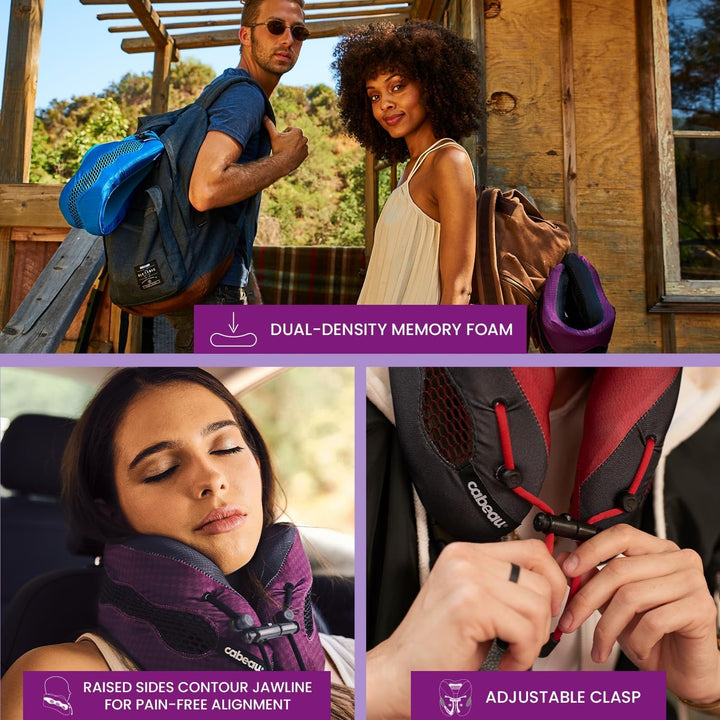 Pernă pentru gât Cabeau pentru călătorii cu zboruri lungi - Evolution Cool - Spumă de memorie de susținere cu deschideri de ventilație - Compact cu geantă de transport (Violet)