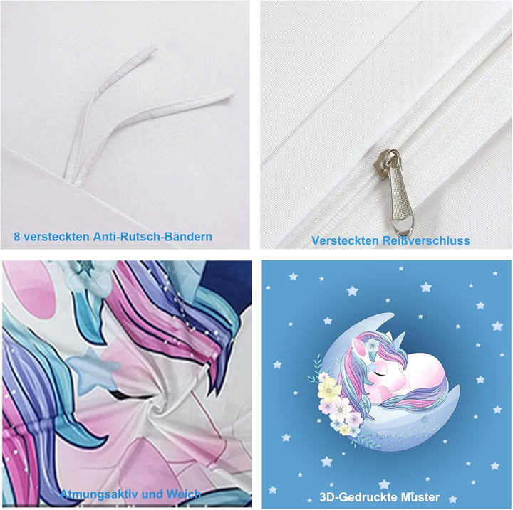 Kinderbettwäsche 135X200 Für Mädchen, Einhorn Bettwäsche Weich Mikrofaser, Kinder Bettbezug Mit Reißverschluss - Atmungsaktiv Jugendbettwäsche Mit 80X80 Kissenbezüge