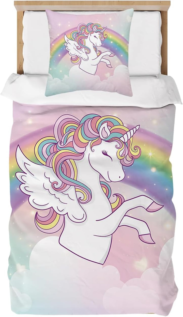 Kinderbettwäsche 135X200 Für Mädchen, Einhorn Bettwäsche Weich Mikrofaser, Kinder Bettbezug Mit Reißverschluss - Atmungsaktiv Jugendbettwäsche Mit 80X80 Kissenbezüge