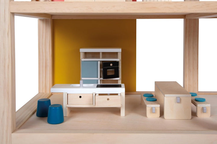 Casă de păpuși din lemn Small Foot, culori naturale - 3 etaje cu terasă pe acoperiș și set de mobilier din 51 de piese, încurajează jocul creativ, potrivită de la 3 ani, 12541