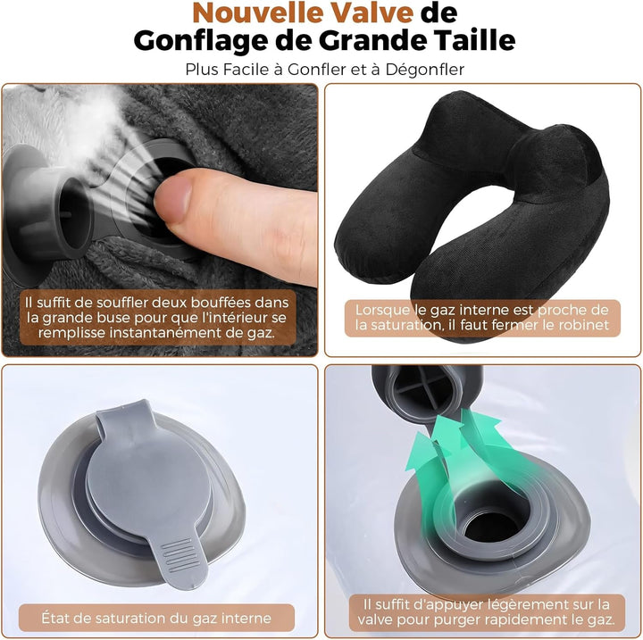 Pernă de călătorie gonflabilă, pernă de călătorie cu mască de somn + dopuri pentru urechi + sac de transport, super ușor și portabil, ideal pentru avion, mașină, casă, birou, negru