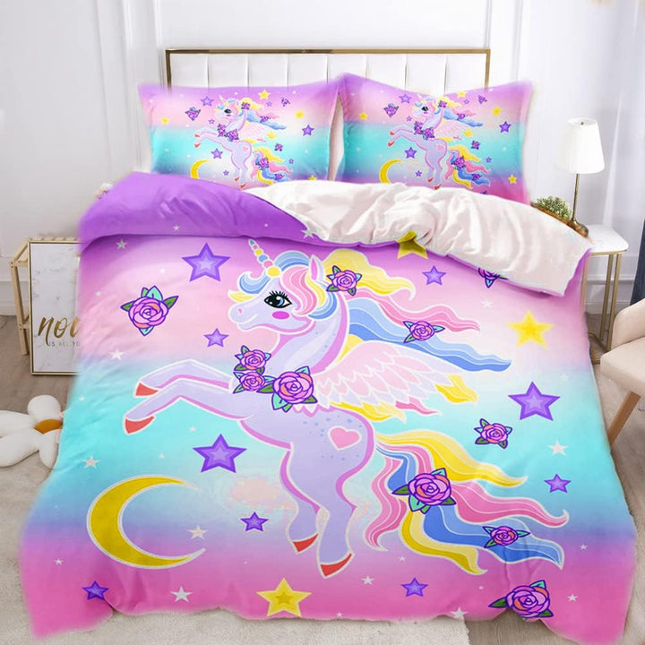 Rosa Einhorn Bettbezug,Schöner Regenbogen Weiße Wolke Einhorn Mädchen Kinder Bettwäsche 135×200Cm,Einhorn-Motiv Bettwäsche Mit 2 Kissenbezügen(135×200Cm,Rosa 1)
