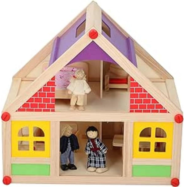 Marionette Wooden Toys - Casă de păpuși din lemn cu mobilier și păpuși - 11 bucăți