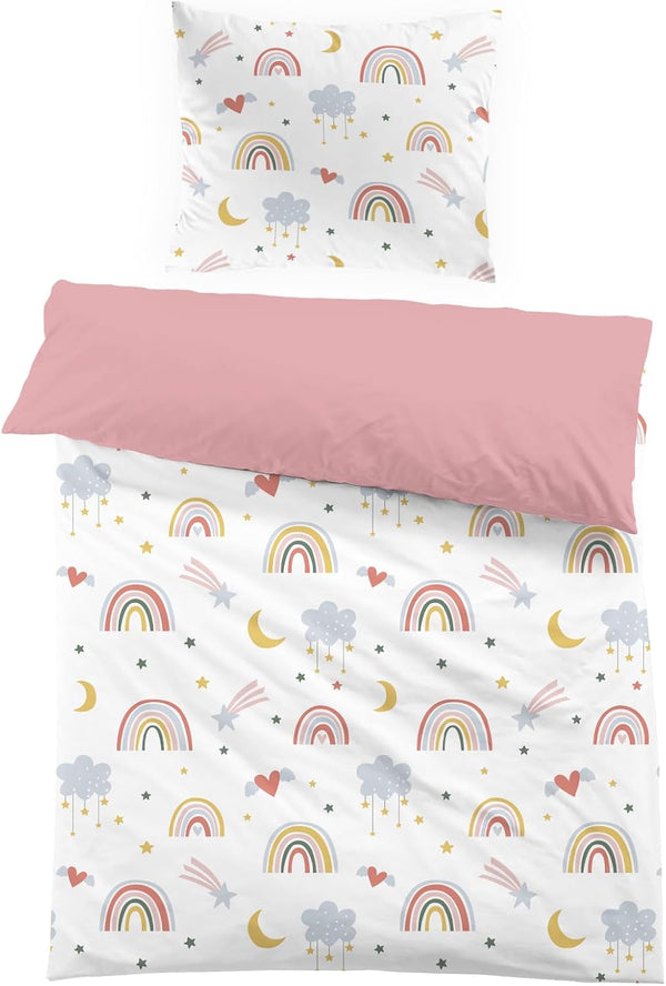 Bettwäsche Regenbogen 135X200 Rosa Kinder Bunte Mikrofaser Bettwäsche Mit Regenbogen, Wolken, Sternen, Monden, Herzen Für Mädchen Einzelbettbezug Set Bettbezug 135X200 Und Kopfkissenbezug 80X80