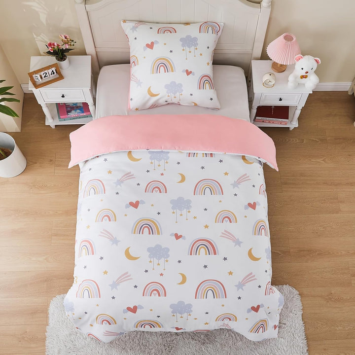 Bettwäsche Regenbogen 135X200 Rosa Kinder Bunte Mikrofaser Bettwäsche Mit Regenbogen, Wolken, Sternen, Monden, Herzen Für Mädchen Einzelbettbezug Set Bettbezug 135X200 Und Kopfkissenbezug 80X80
