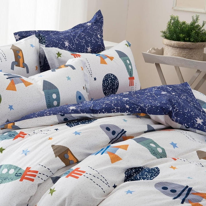 Qucover Bettwäsche Kinder 135X200Cm Baumwolle Kinderbettwäsche Jungen Bettbezug Mit Reißverschluss Wendedesign Weiß Blau Rakete Sterne Planeten Muster Mit Kissenbezug 80X80Cm