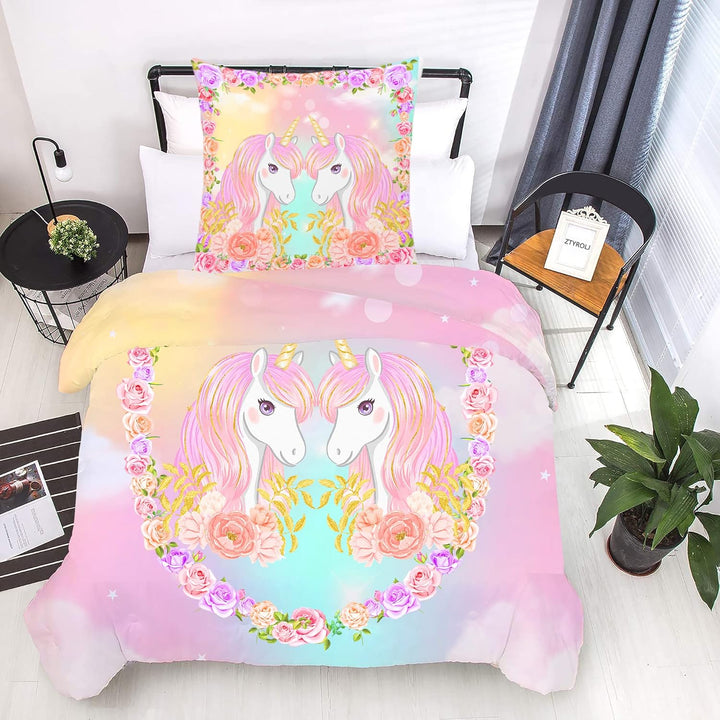 ZTYROLJ Einhorn Bettwäsche 100X135 Für Mädchen Kinder,Weich Mikrofaser Einhorn Bettbezug,Atmungsaktiv Einhorn Kinderbettwäsche 100X135 Mit Reißverschluss+40X60 Kissenbezüge